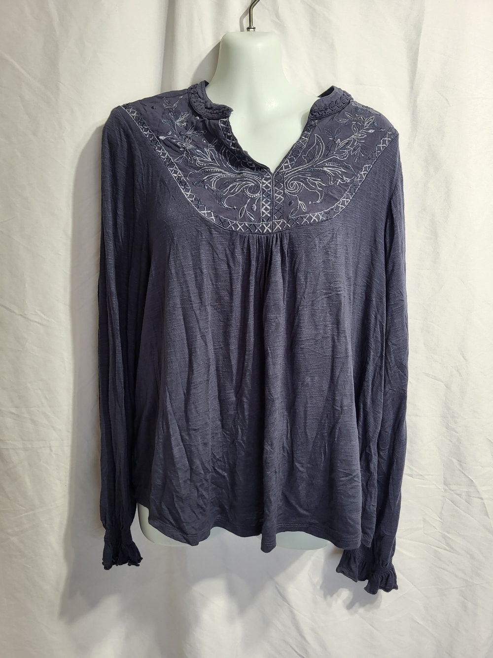 Democracy Slate Blue Embroidered Long-Sleeve Peasant Top, Size Large